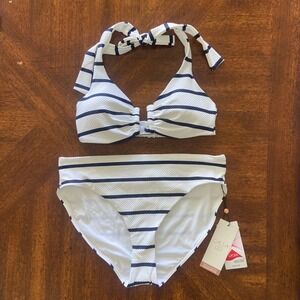 CALIA Navy White Striped Bikini Set Halter Top XS Mid Rise Bottom S NWT